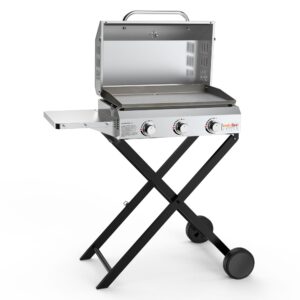 BBQ Barbecue à Gaz | 3 Brûleurs en Inox | Zone de Cuisson 57 x 36cm | 7Kw | avec Table D'appoint, Chariot, Thermomètre, Plaque de Gril | pour Extérieur Camping Balcon