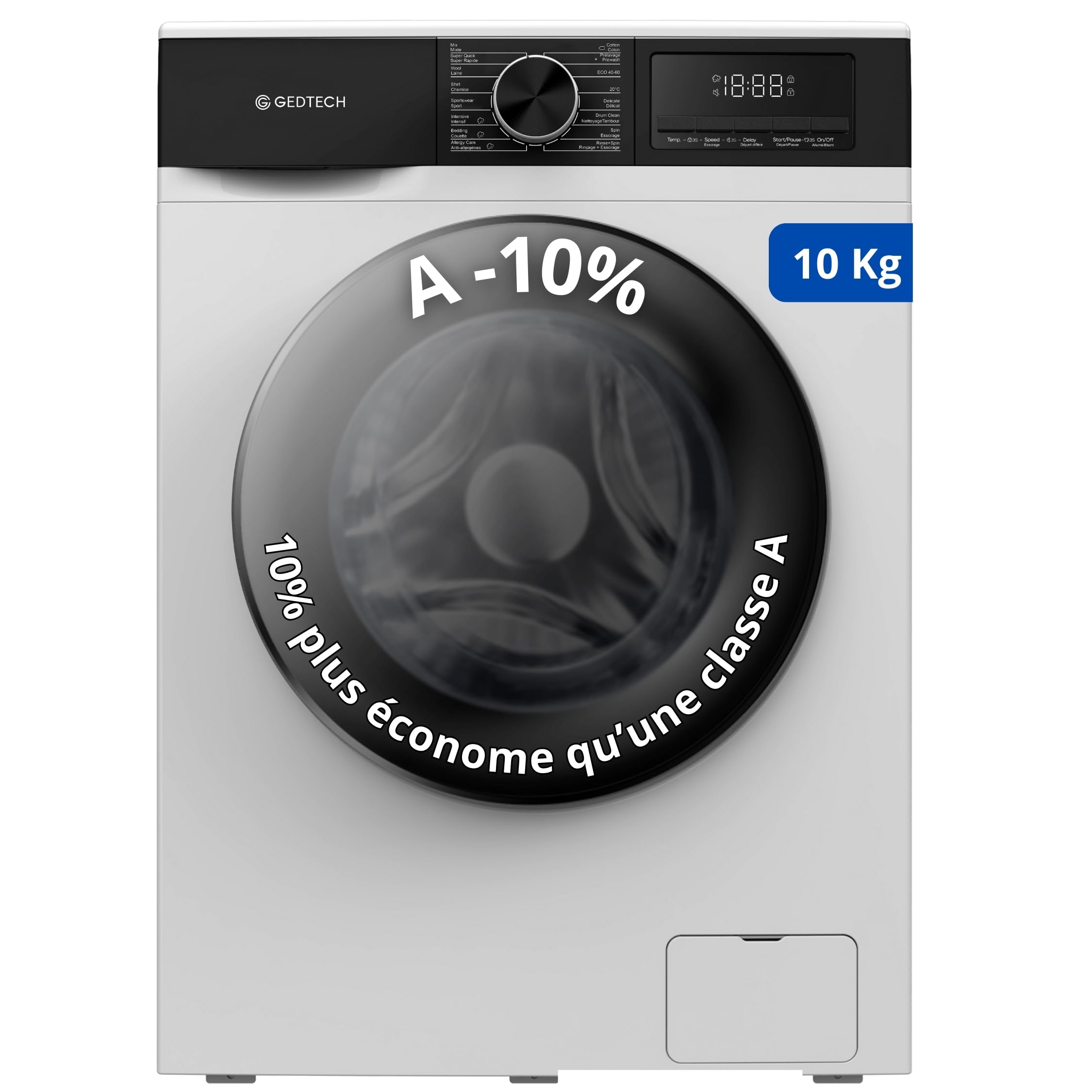 Lave-linge frontal GLL101400WH - 10 Kgs - 1400 tr/mn - 16 programmes - Eco - Intensif - Rapide – Très Faible conso - Classe A-10% (Blanc, 10 Kg)